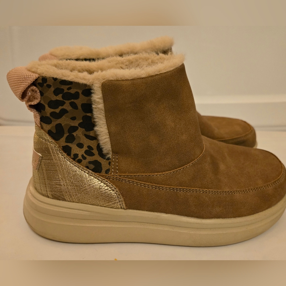 Hey Dude Kids Brown Suede Slip-On Boots with Gold Accent and Leopard Print